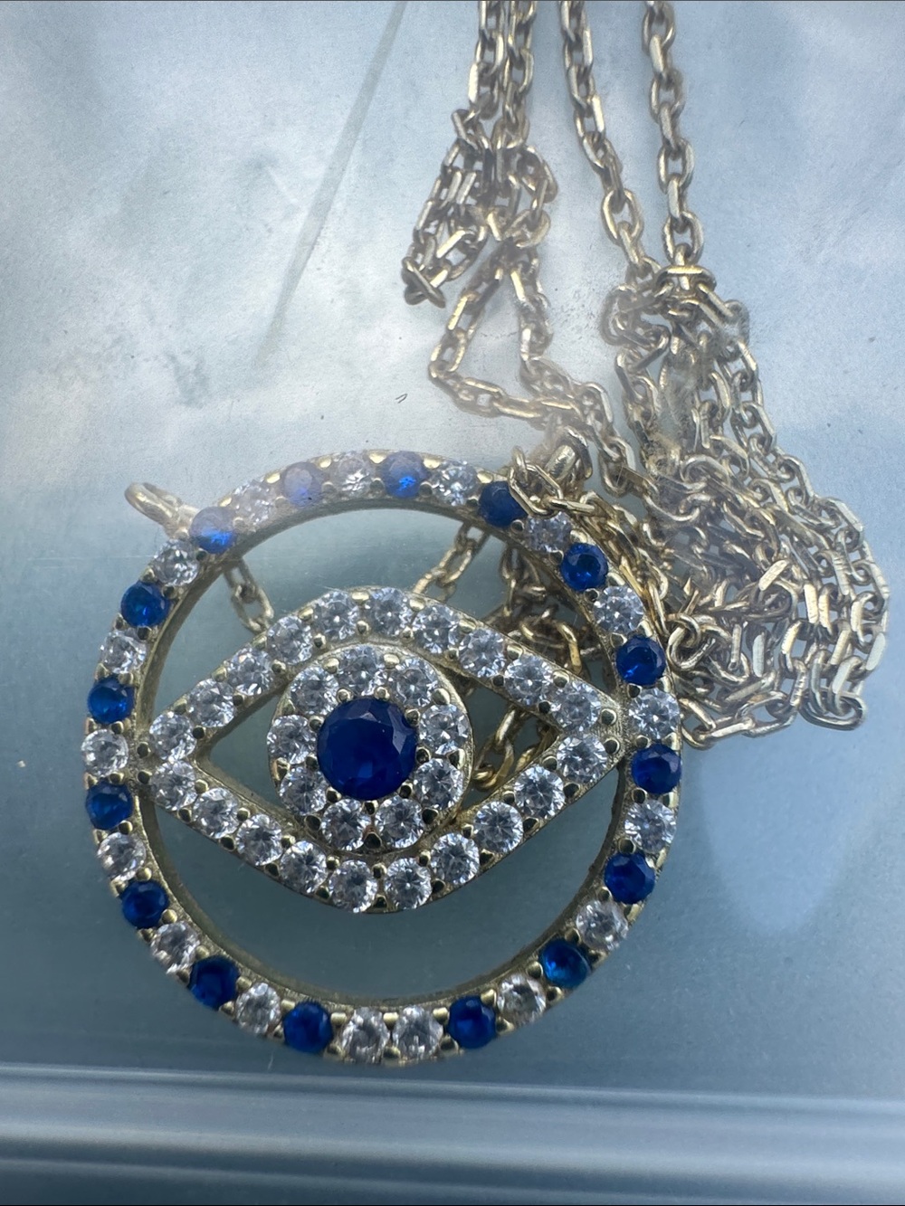 Gold-Tone Blue and Clear Crystal Evil Eye Pendant Necklace